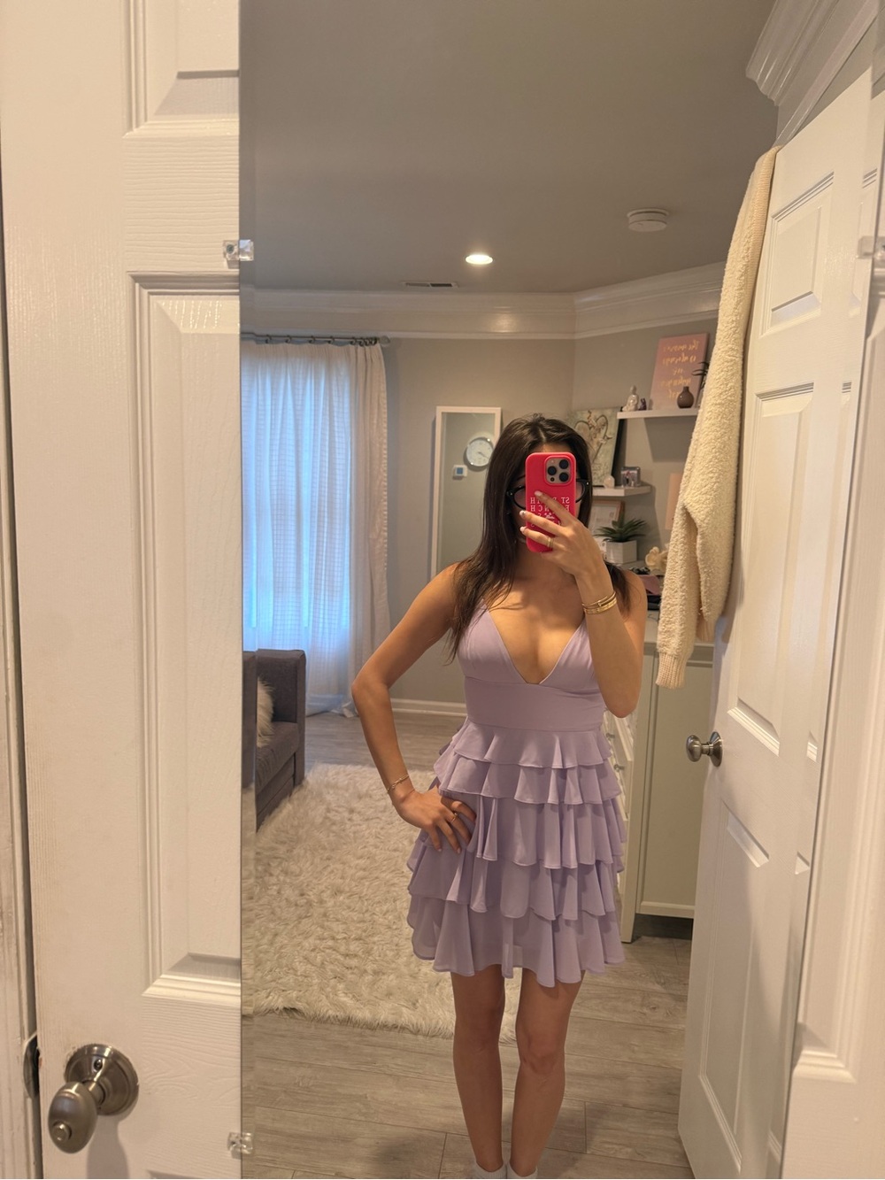 NBD Lilac Ruffle V-Neck Mini Dress